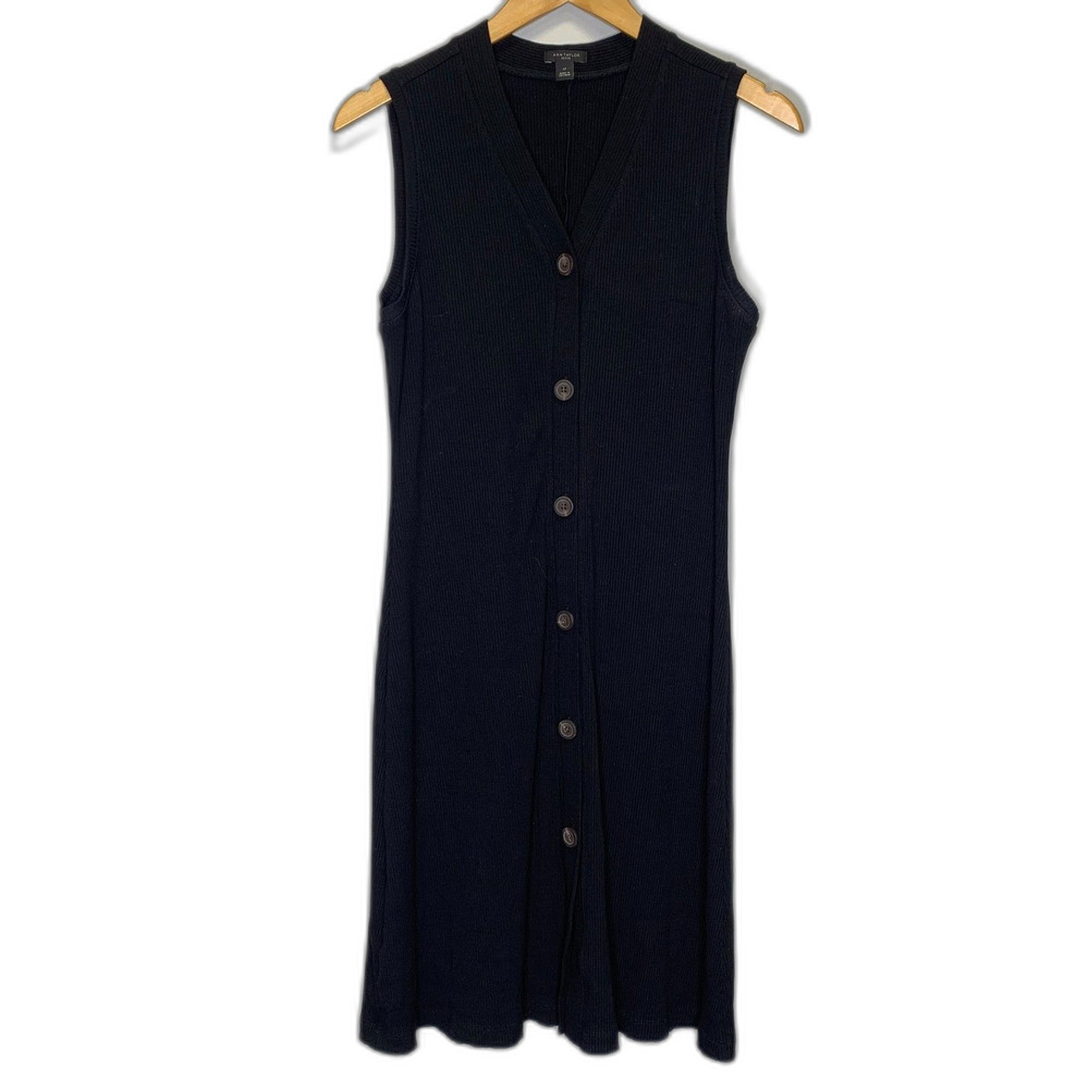 Womens Talbots Petite Black Ribbed Sleeveless Button Up Dress Large Comfort